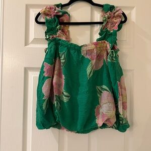 Anthropologie THML Green Floral Ruffle-Strap Tank Top